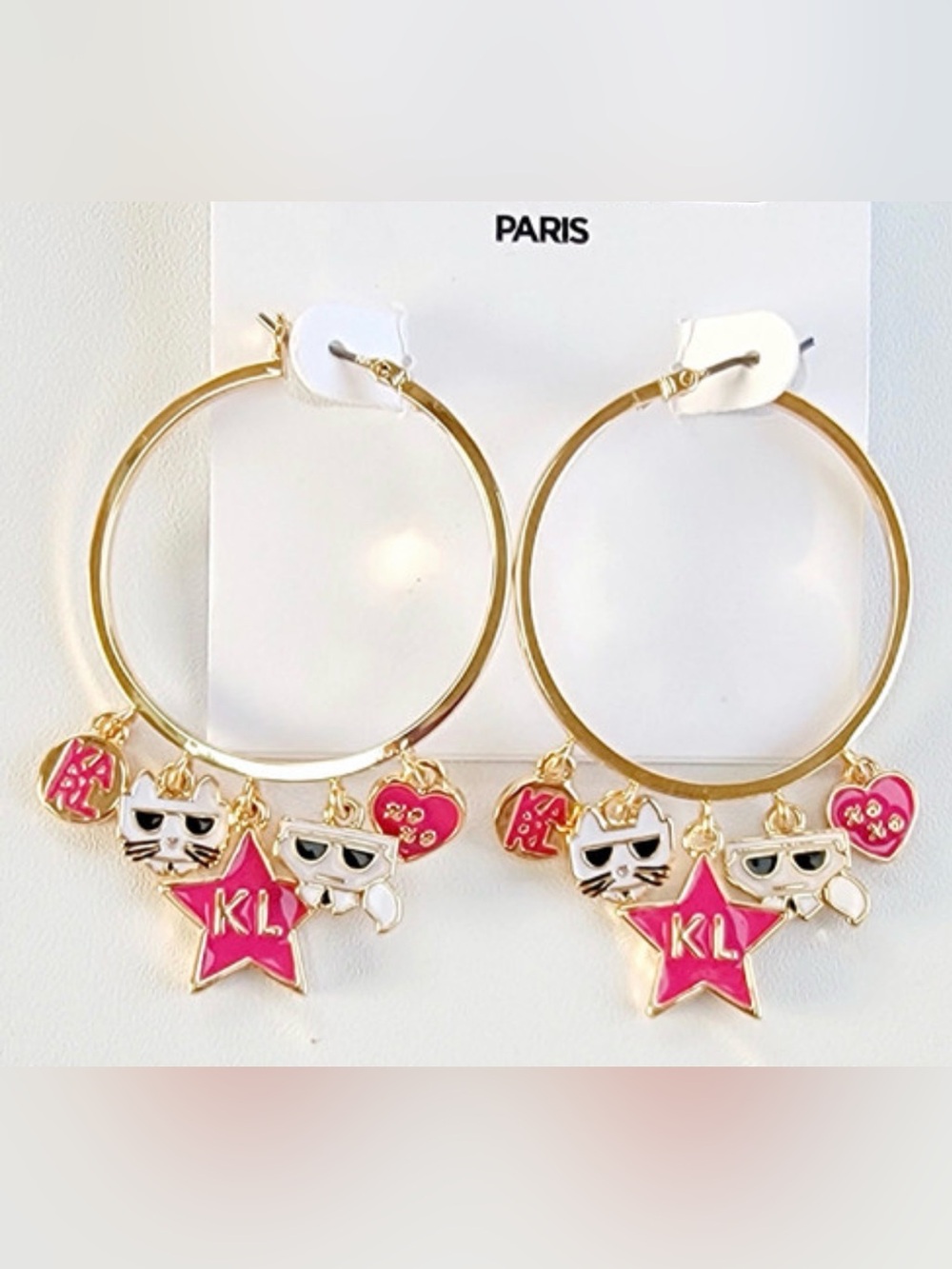 Karl Lagerfeld 🌸KL1032 Earrings with Bright Pink Star & Charm Drops-New - Picture 4 of 6